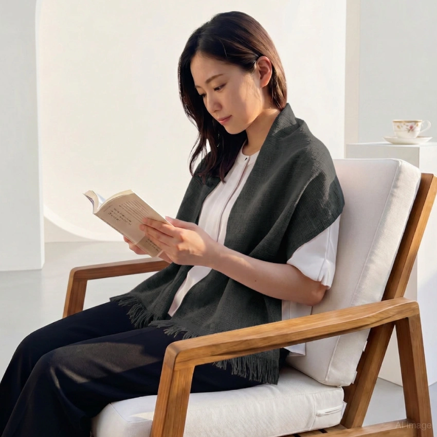 肩幅に添ってマフラーを巻き付けている女性