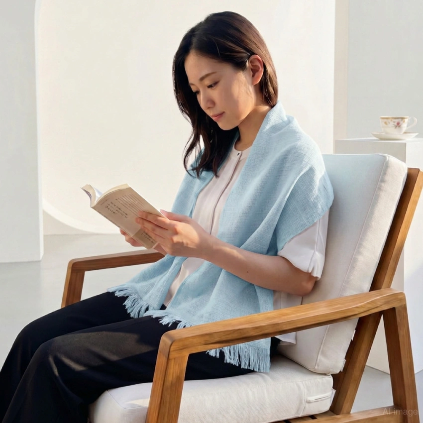 肩幅に添ってマフラーを巻き付けている女性