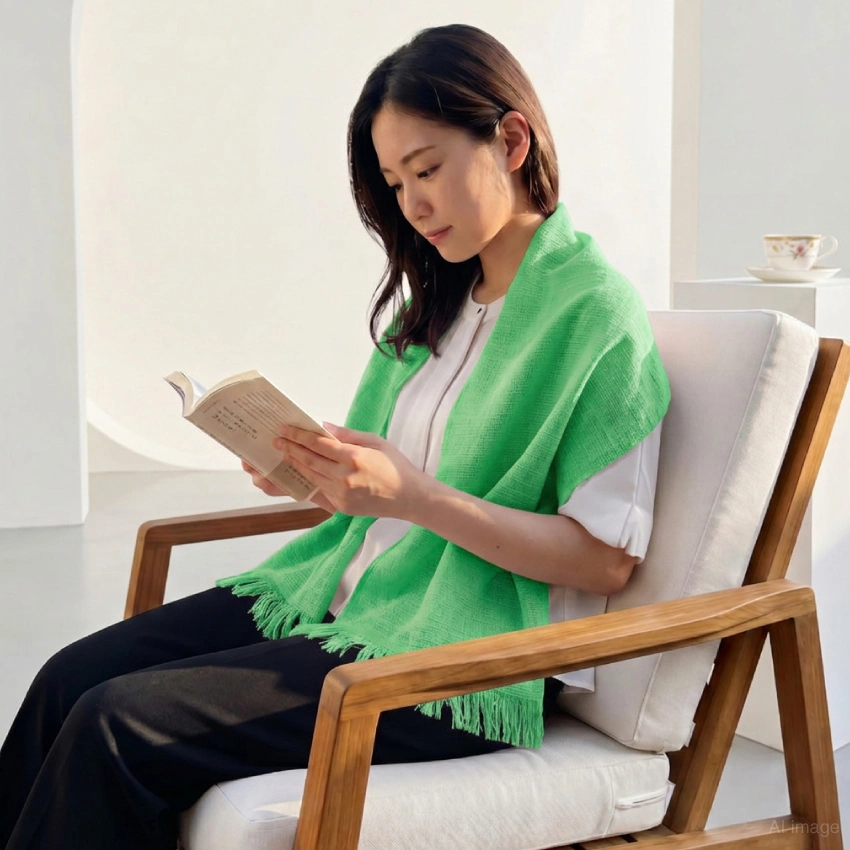 肩幅に添ってマフラーを巻き付けている女性