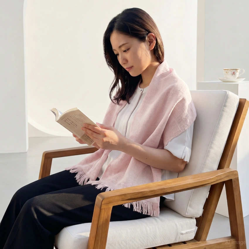 肩幅に添ってマフラーを巻き付けている女性