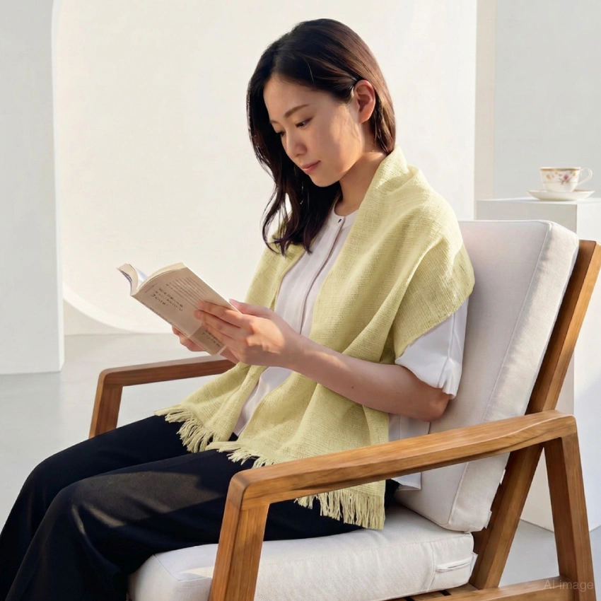 肩幅に添ってマフラーを巻き付けている女性