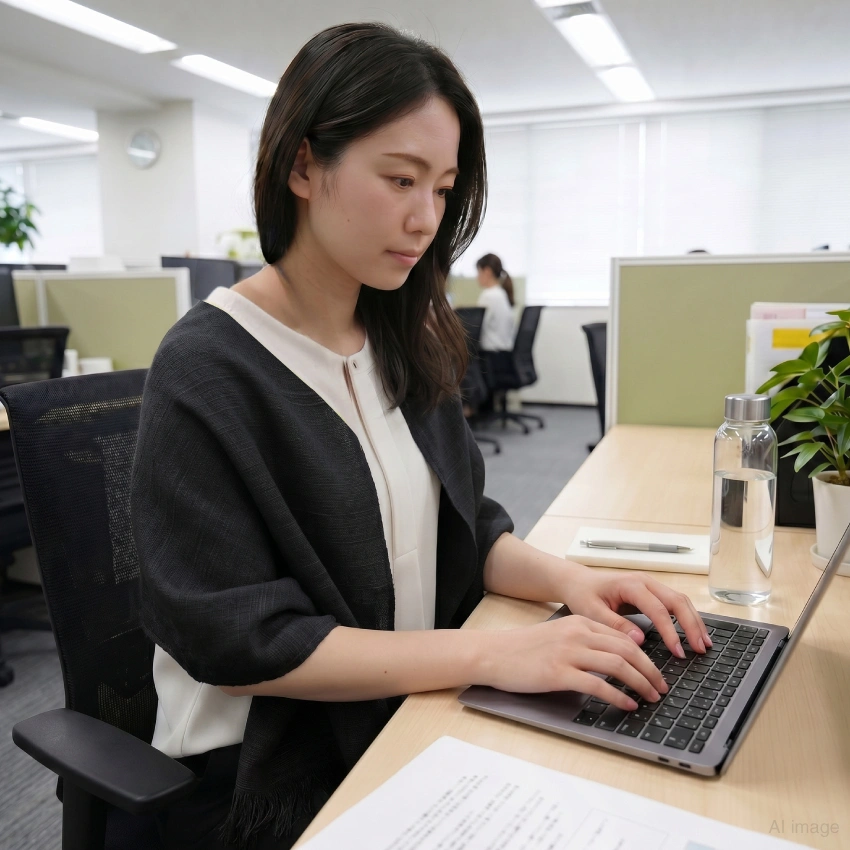 オフィスの冷房対策として使用している女性