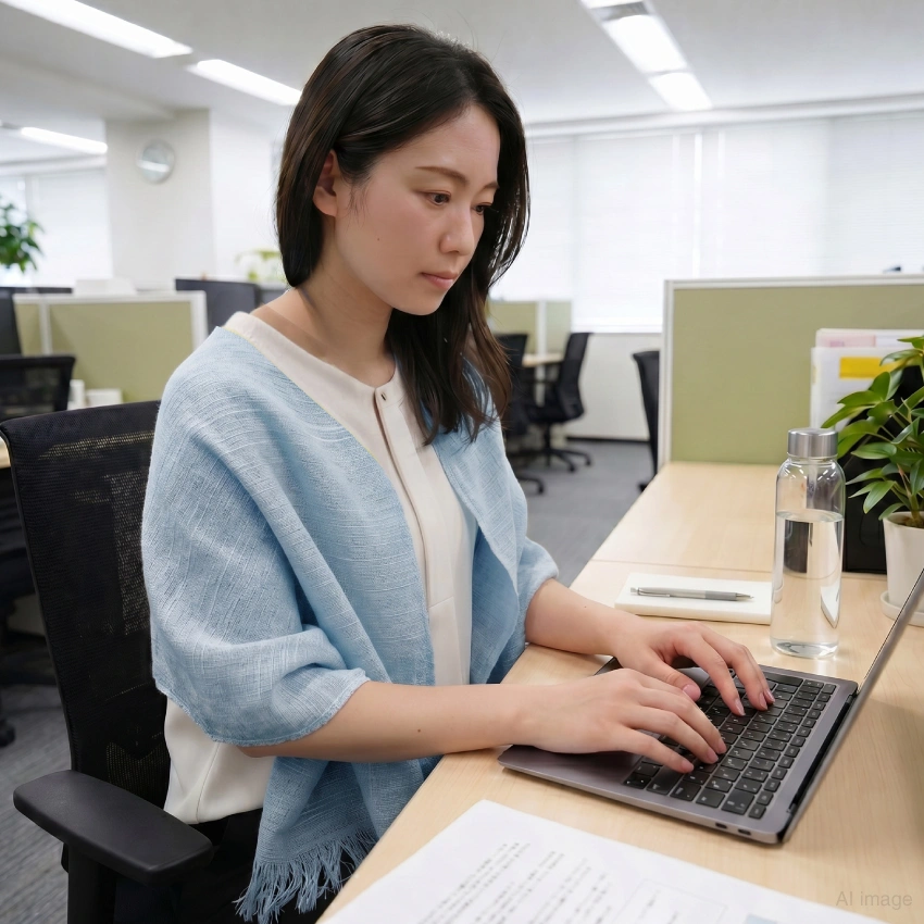 オフィスの冷房対策として使用している女性