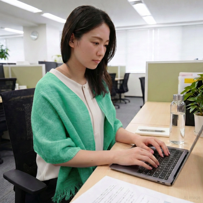 オフィスの冷房対策として使用している女性