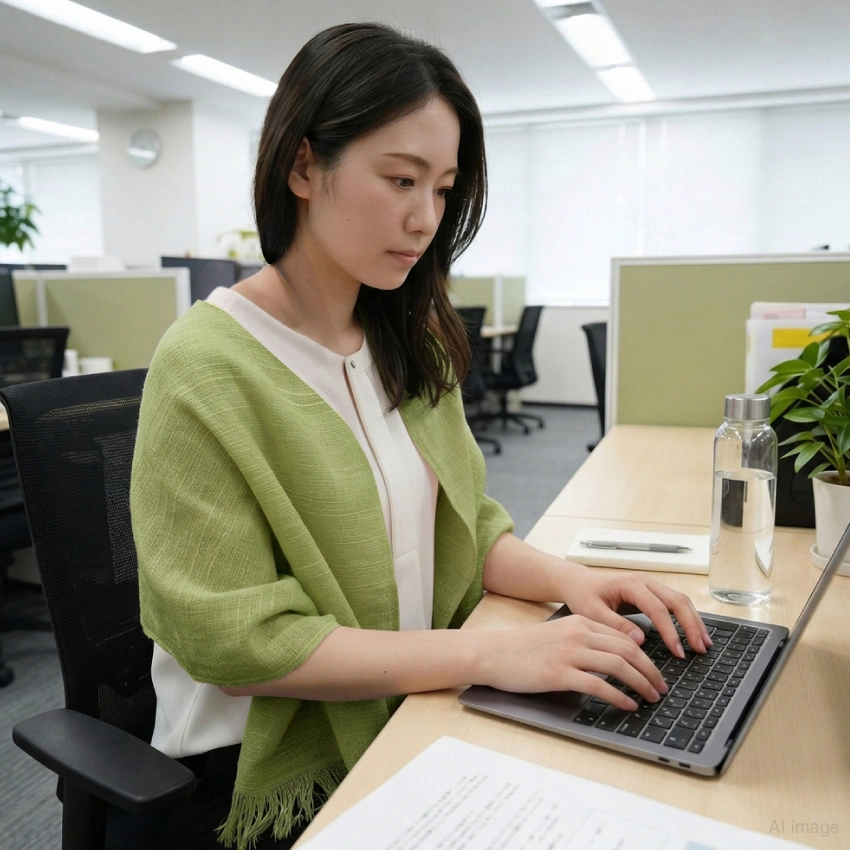 オフィスの冷房対策として使用している女性