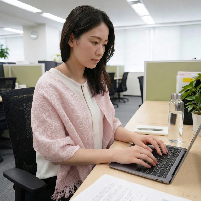 オフィスの冷房対策として使用している女性