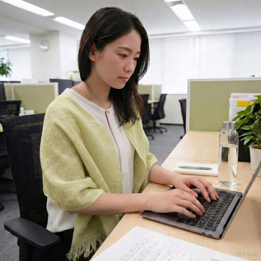 オフィスの冷房対策として使用している女性