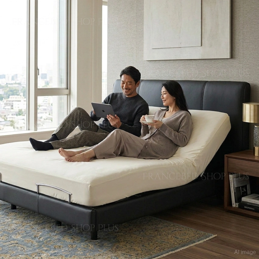 50代の夫婦がベッドの上でくつろいでいる様子
