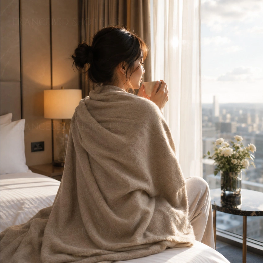 女性がカシミヤ毛布を使用して本を読んでいる画像