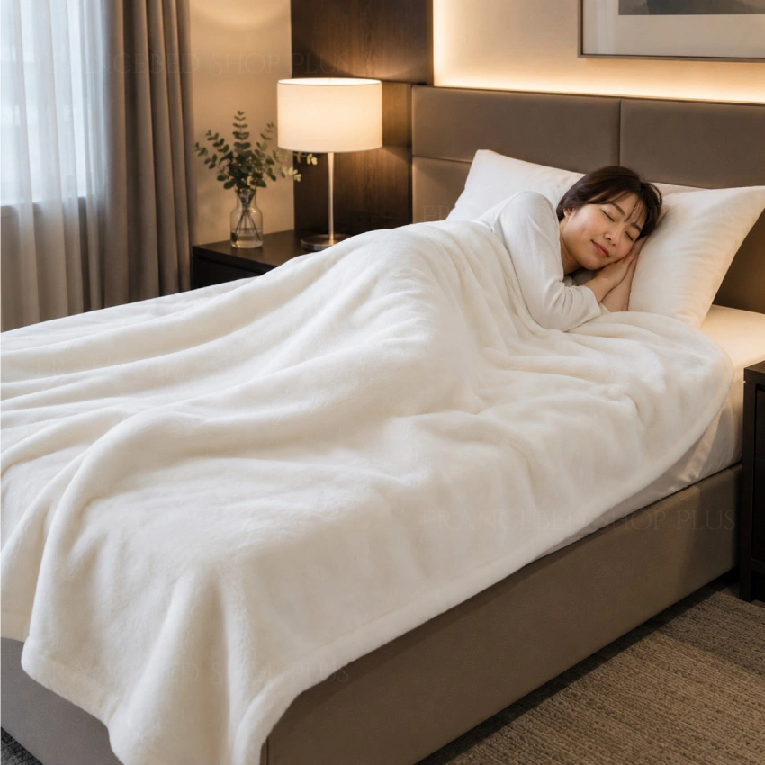 女性がシルク毛布を使用して寝ている画像