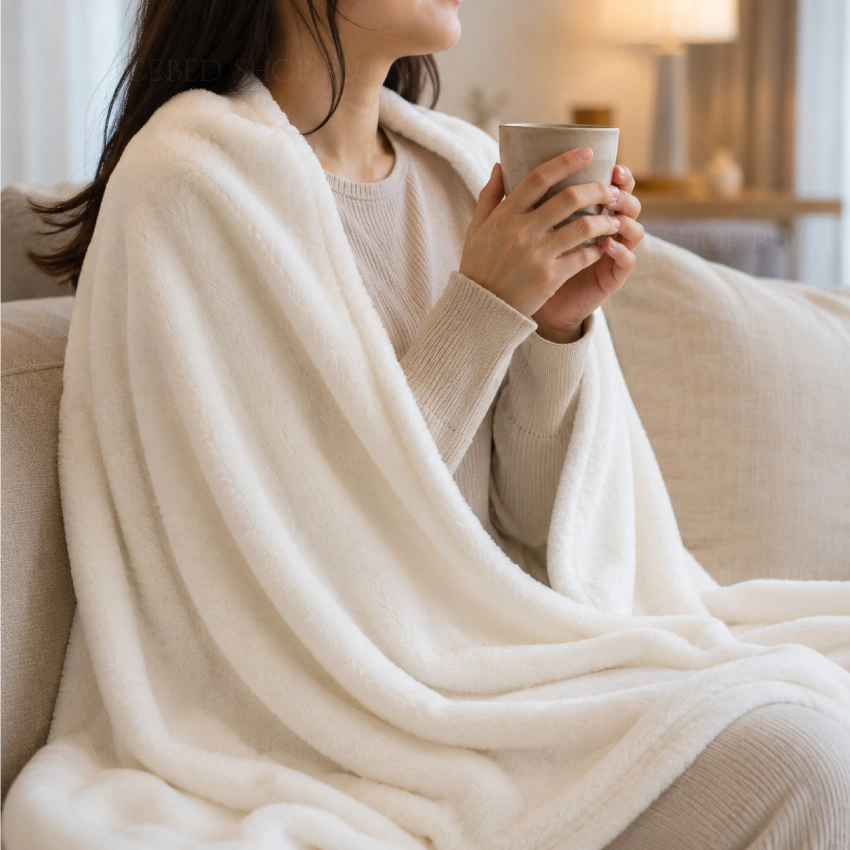 女性がシルク毛布を使用して寝ている画像