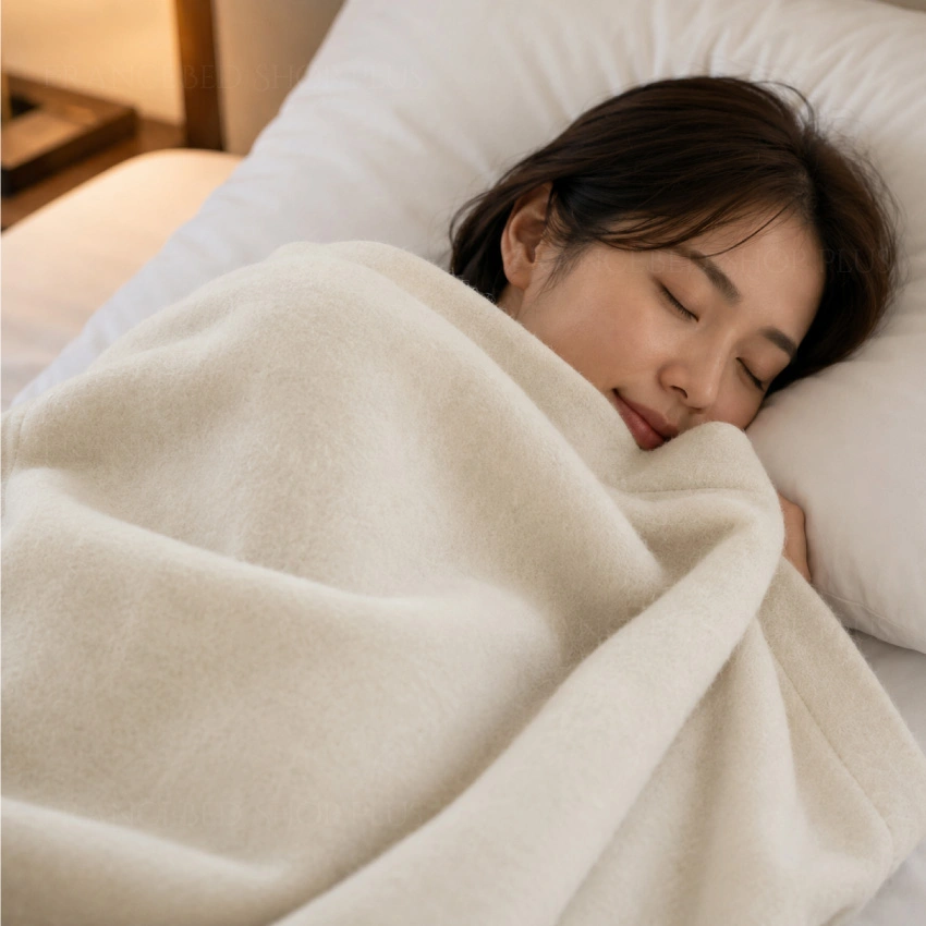 女性がスーリーアルパカ毛布を使用して寝ている画像