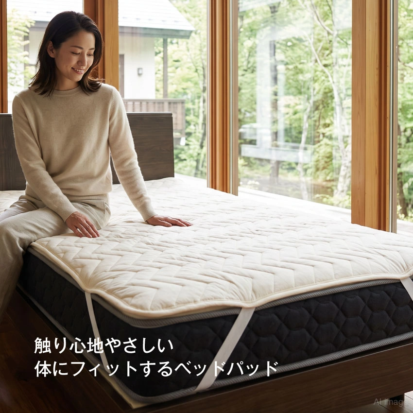 女性がベッドパッドの上に座って手で生地表面を触っている画像