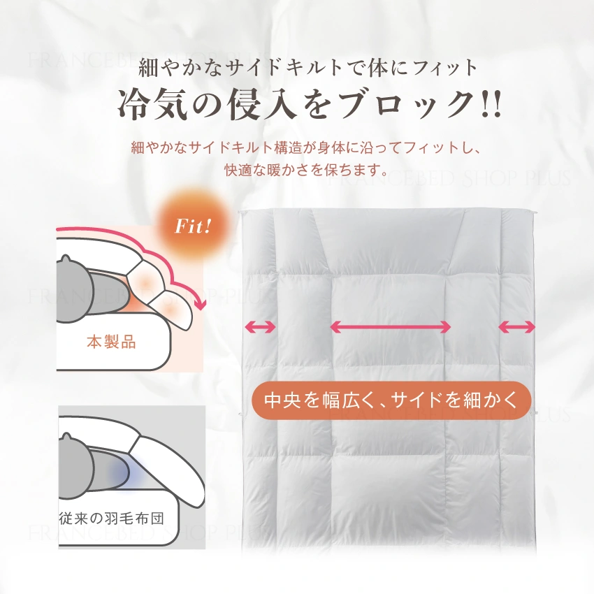 サイドキルトまで丁寧なつくり サイドキルトが配慮されたデザインで体に密着していることを表す画像