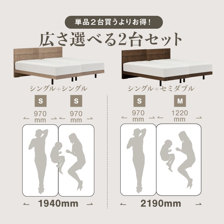 シングル+シングルのセットと、シングル+セミダブルのセットが選べます