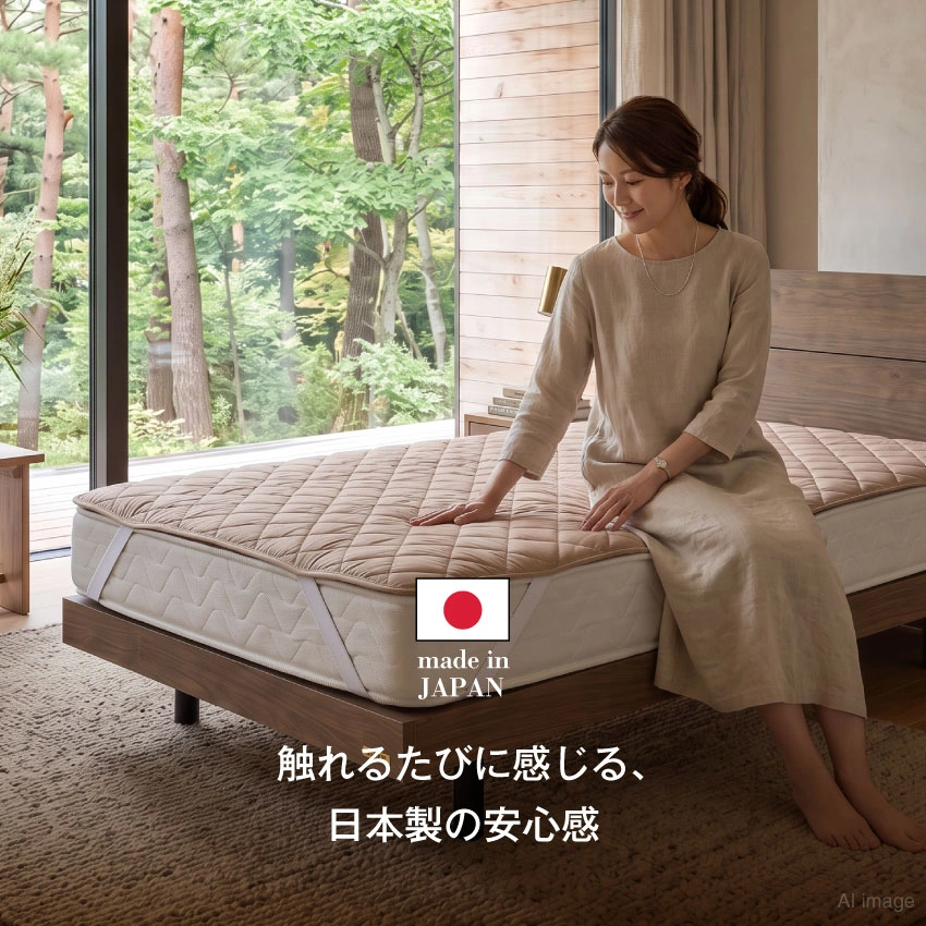 マットレスの上に設置された羊毛メッシュベッドパッドの上に腰かけて触っている女性の画像