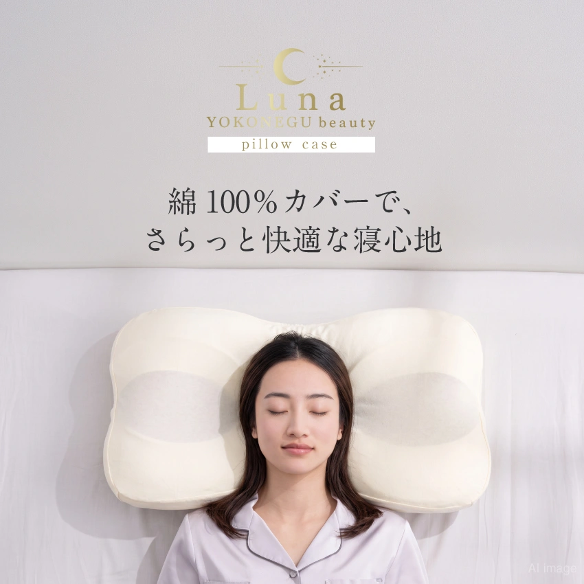カバーをつけたまくらに女性が寝ている画像