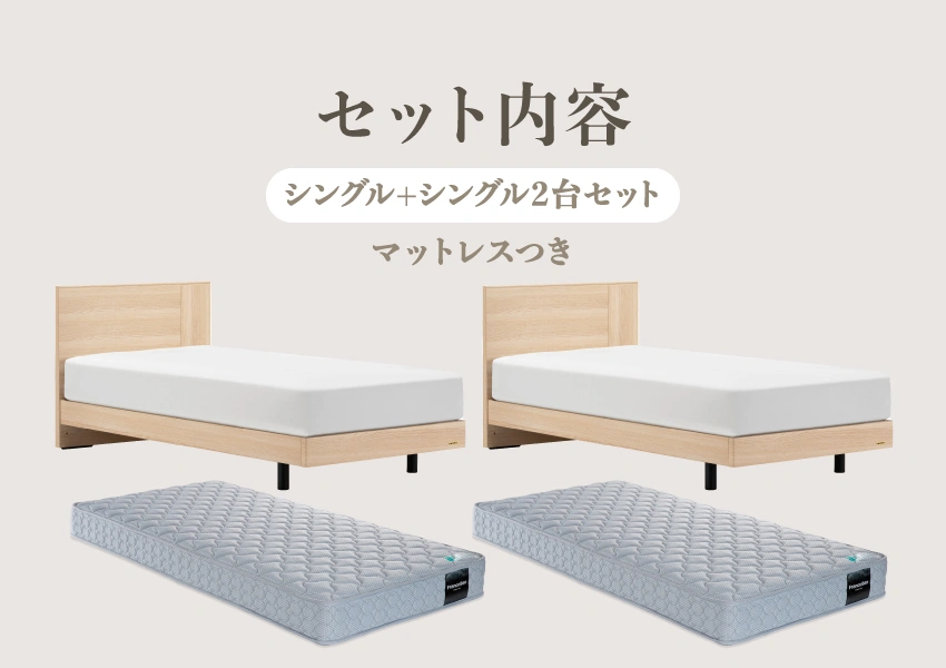 セット内容は、シングルサイズのエディレッグタイプが２台に、シングルサイズのマットレスTW-010αがついたお得なセット
