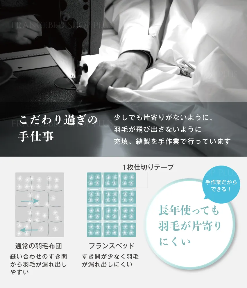 熟練の手仕事だから実現できる長年使っても羽毛が片寄りにくい縫製技術