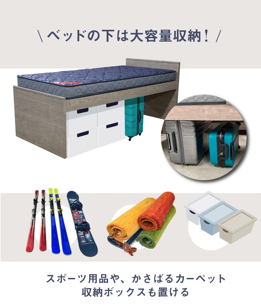 脚高ベッド 収納例(衣装ケース、スーツケース、スキー収納ボックス)を示したイメージ画像