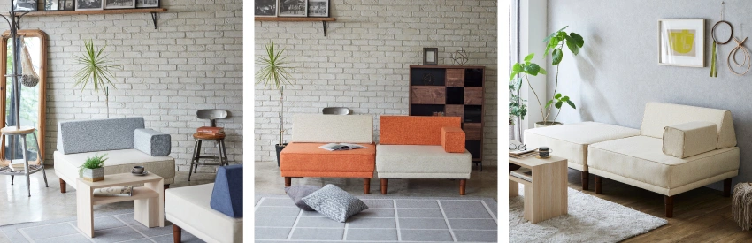 フランスベッドファニチャー製のソファーベッド Kittaキッタからアイランドソファ登場 背クッションとボルスターの両方を用いて本格的なソファーとして使ったイメージ画像