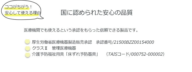 国に認められた安心の品質。医療機関でも使えるという承認をもらった信頼できる製品。床ずれ予防にも。