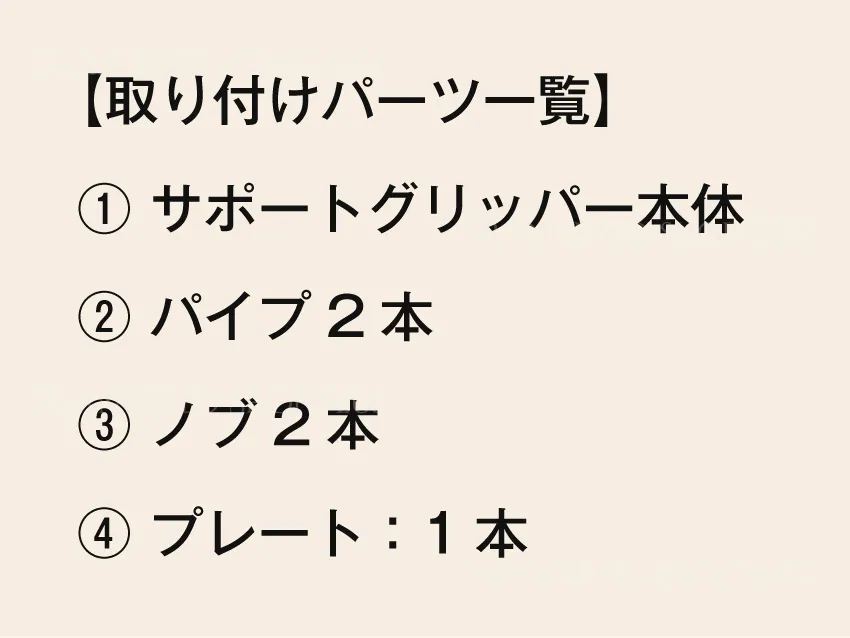 サポートグリッパー本体と、プレート、パイプ2本、取付用ノブ2本が1セット