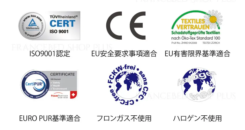 ISO9001認定、EU安全要求事項適合、EU有害限界基準適合、EURO PUR基準適合、フロンガス不使用、ハロゲン不使用の規格基準に適合